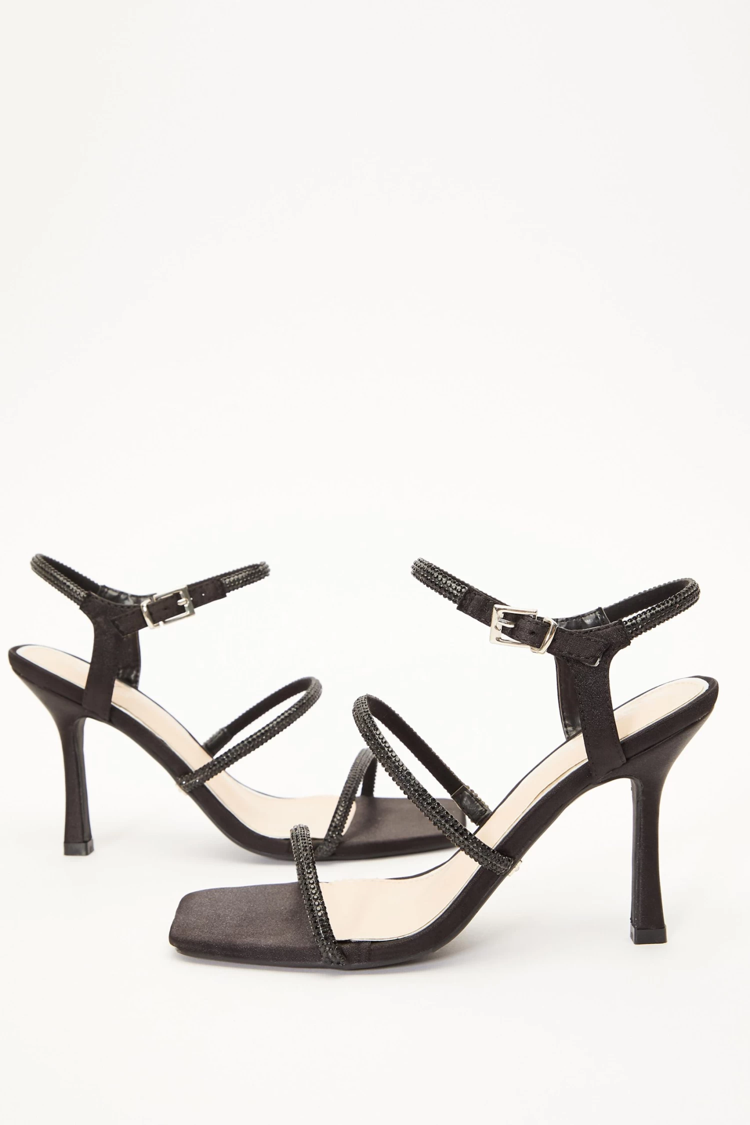 Black Satin Diamante Strap Heeled Sandals - Image 4