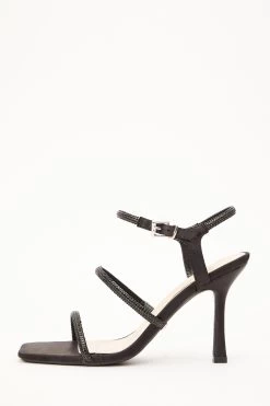 Black Satin Diamante Strap Heeled Sandals