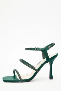 Bottle Green Satin Diamante Strap Heeled Sandals