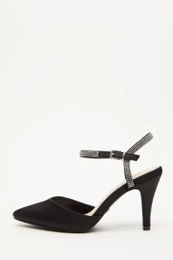 Black Satin Diamante Strap Court Heels