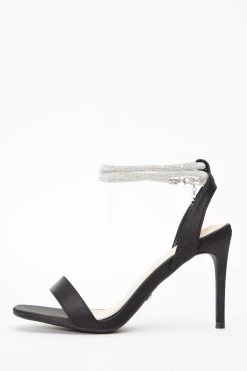 Black Satin Diamante Ankle Heeled Sandals