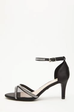 Black Satin Mesh Front Heeled Sandals