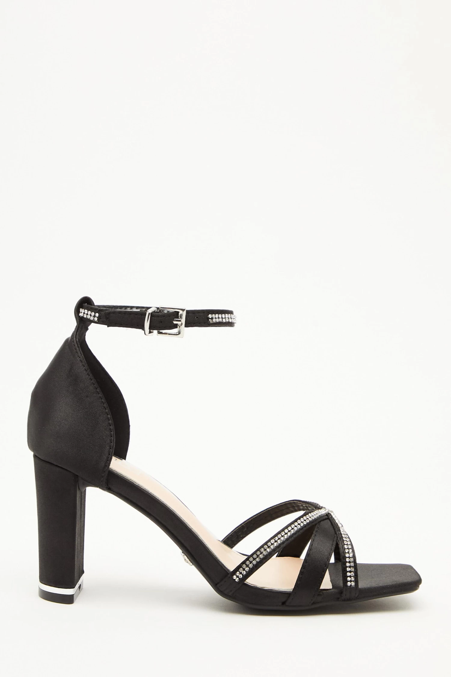 Black Satin Diamante Heeled Sandals - Image 2