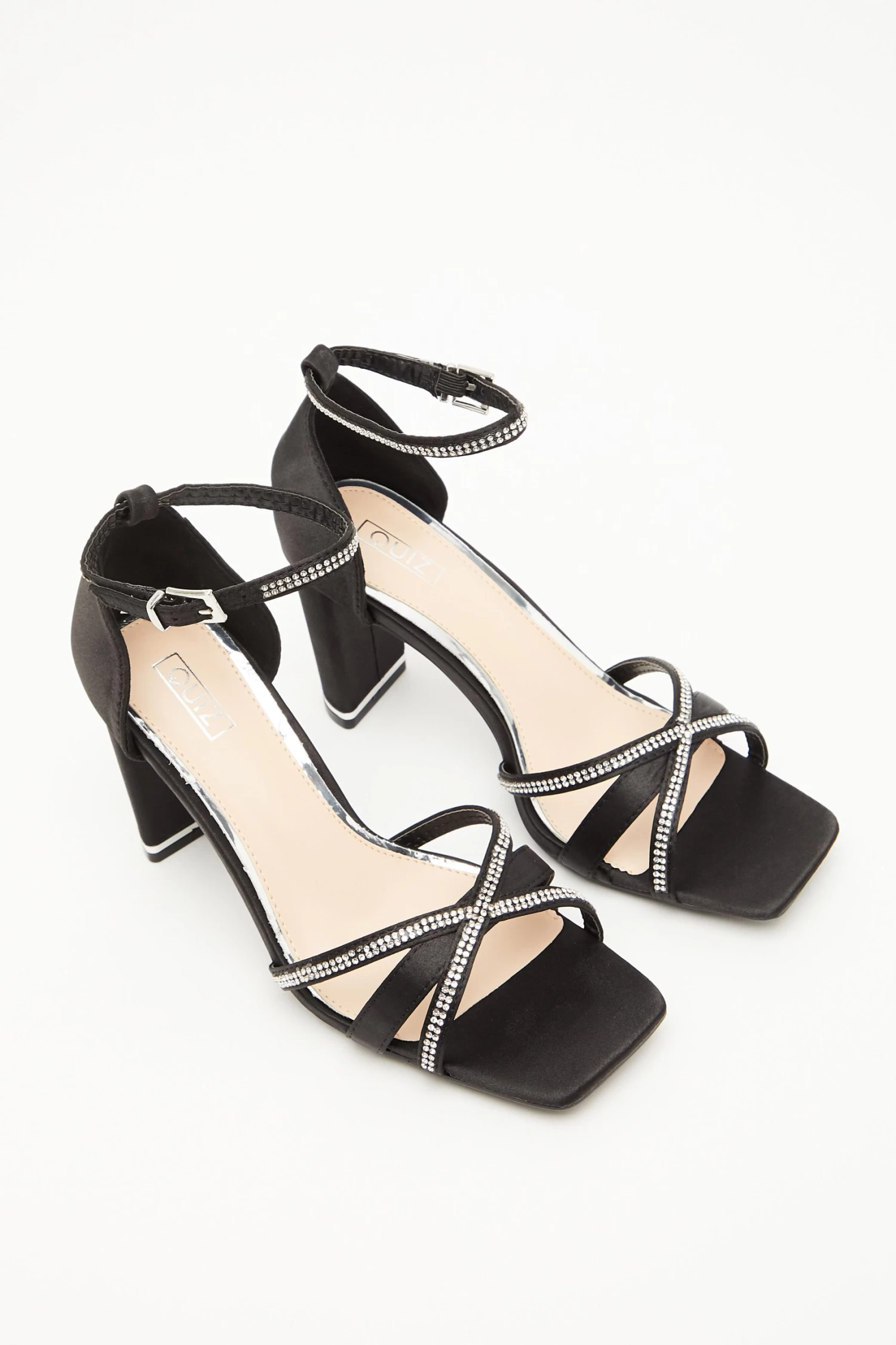 Black Satin Diamante Heeled Sandals - Image 4