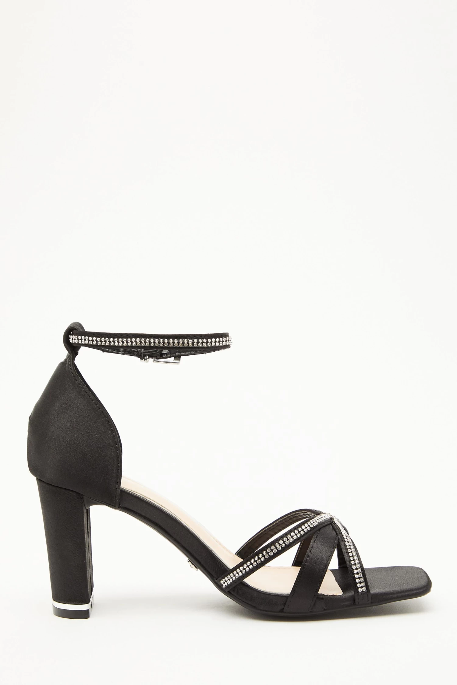 Black Satin Diamante Heeled Sandals - Image 6