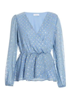 Blue Polka Dot Foil Peplum Top
