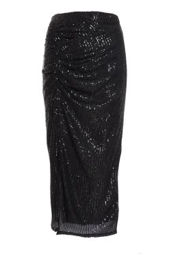 Black Sequin Ruched Midi Skirt