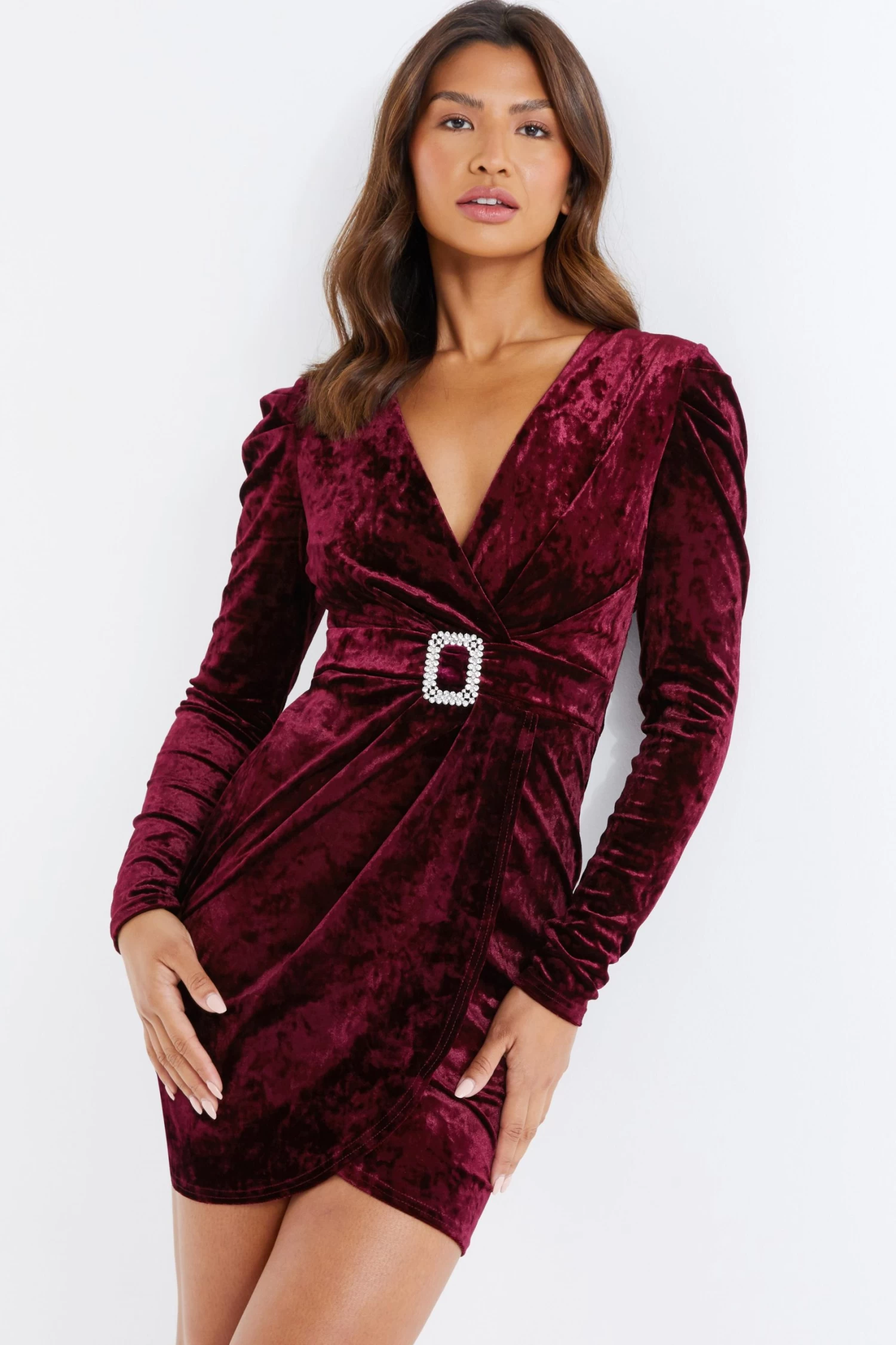 Berry Velvet Wrap Bodycon Mini Dress - Image 2