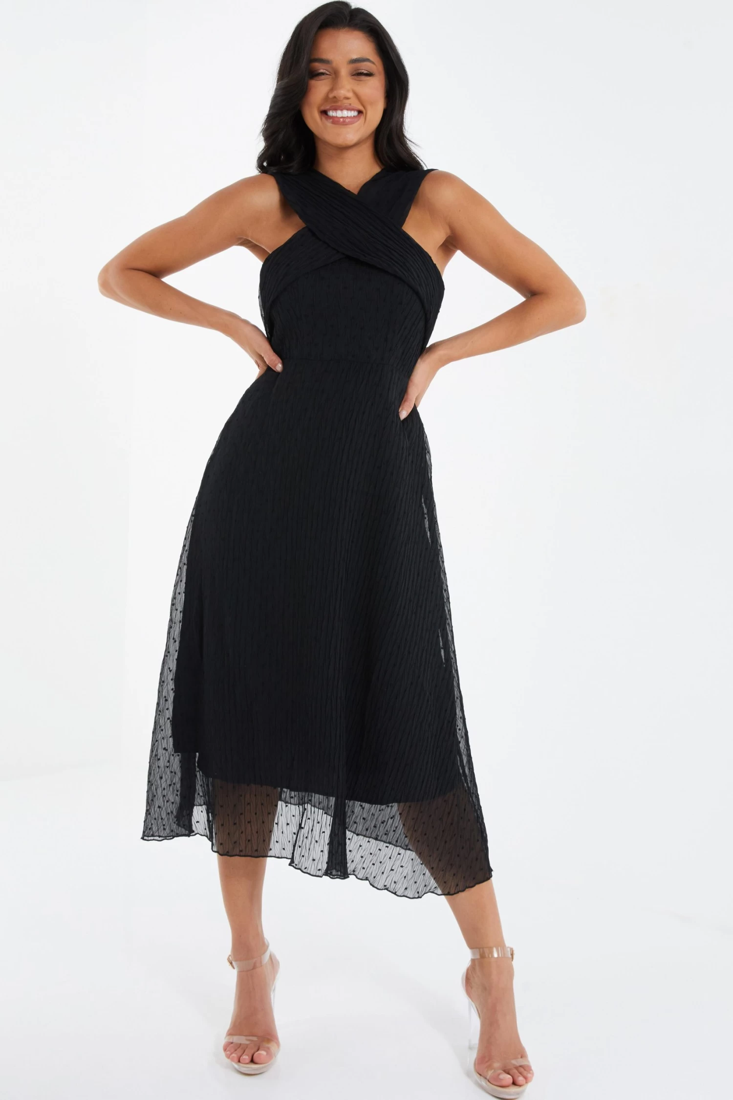 Black Chiffon Crinkle Halter Neck Midi Dress - Image 2