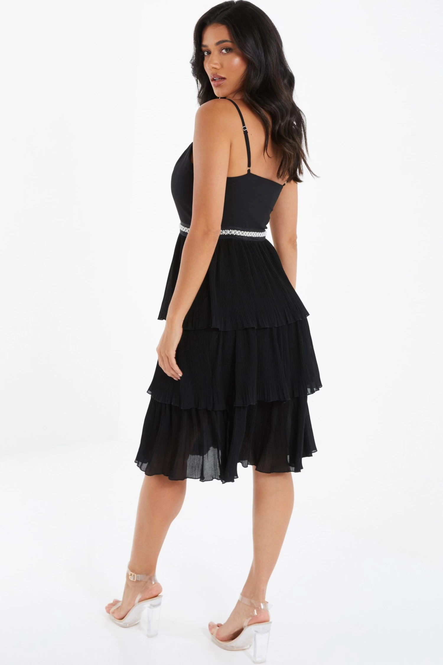 Black Chiffon Embellished Tiered Midi Dress - Image 3