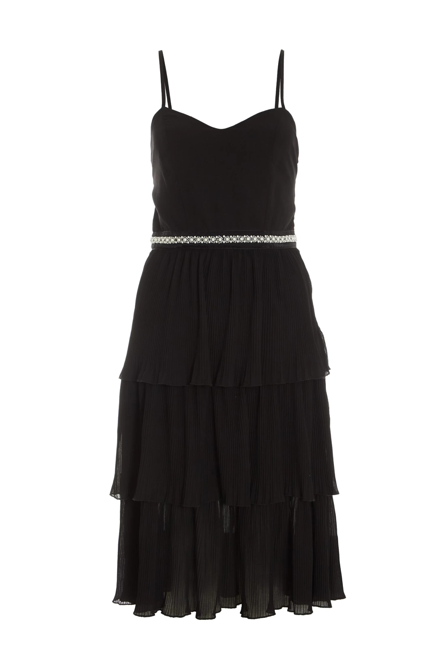 Black Chiffon Embellished Tiered Midi Dress