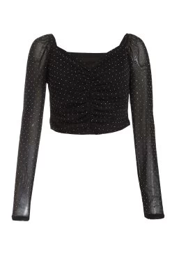 Black Diamante Mesh Ruched Crop Top
