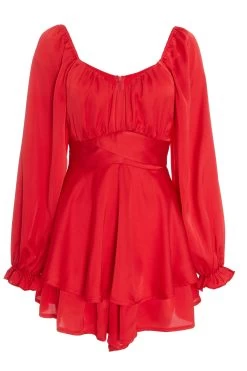 Red Satin Balloon Sleeve Playsuit