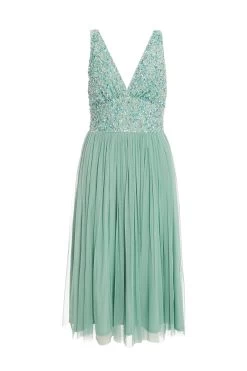 Green Sequin Tulle Midi Dress