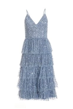 Blue Sequin Tiered Midi Dress