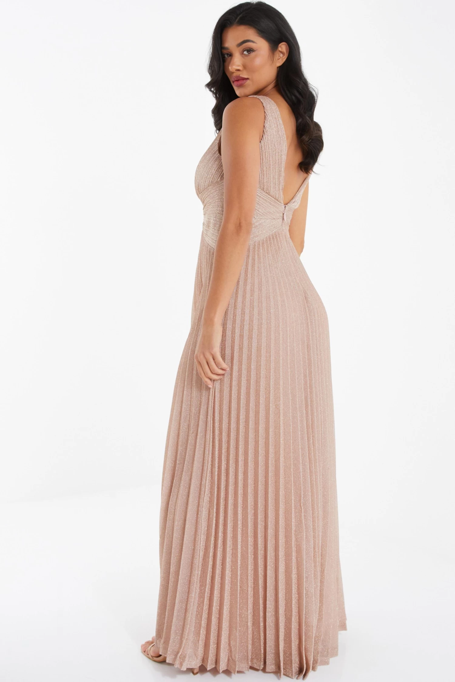 Nude Shimmer Pleated Maxi Dress - Image 3