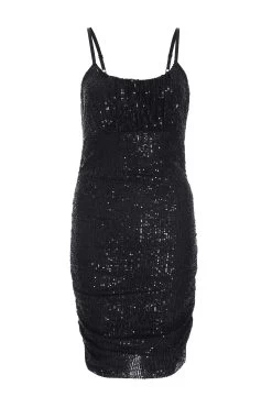 Black Sequin Ruched Bodycon Mini Dress
