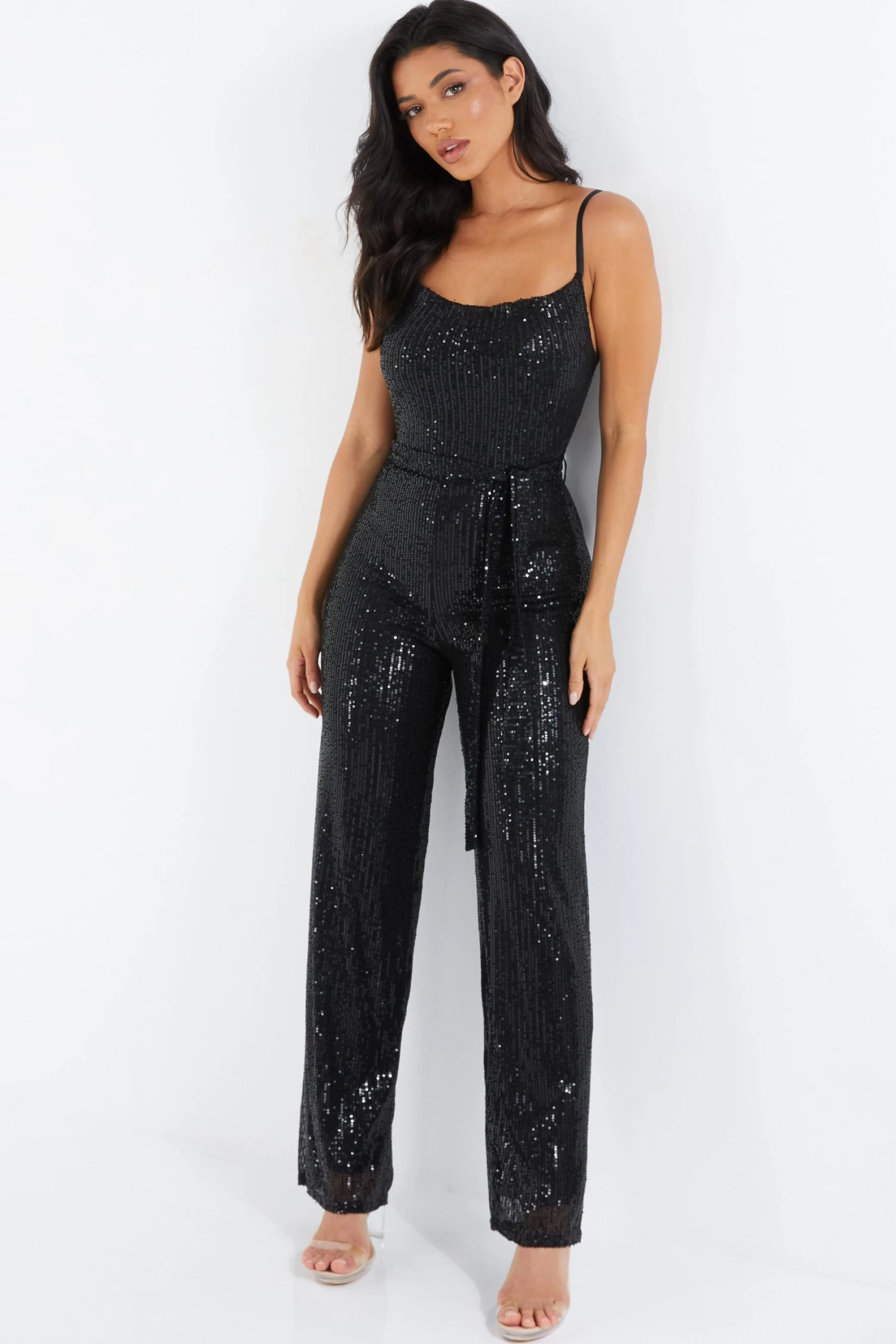 Black Sequin Cowl Neck Palazzo Jumpsuit - Image 2