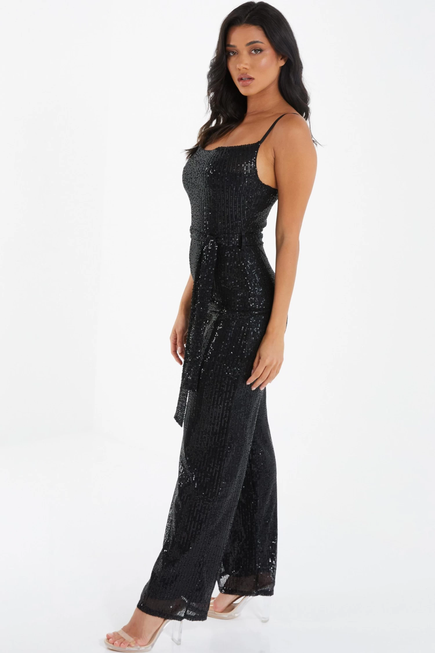 Black Sequin Cowl Neck Palazzo Jumpsuit - Image 4