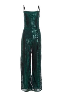 Bottle Green Sequin Cowl Neck Palazzo Jumpsuit