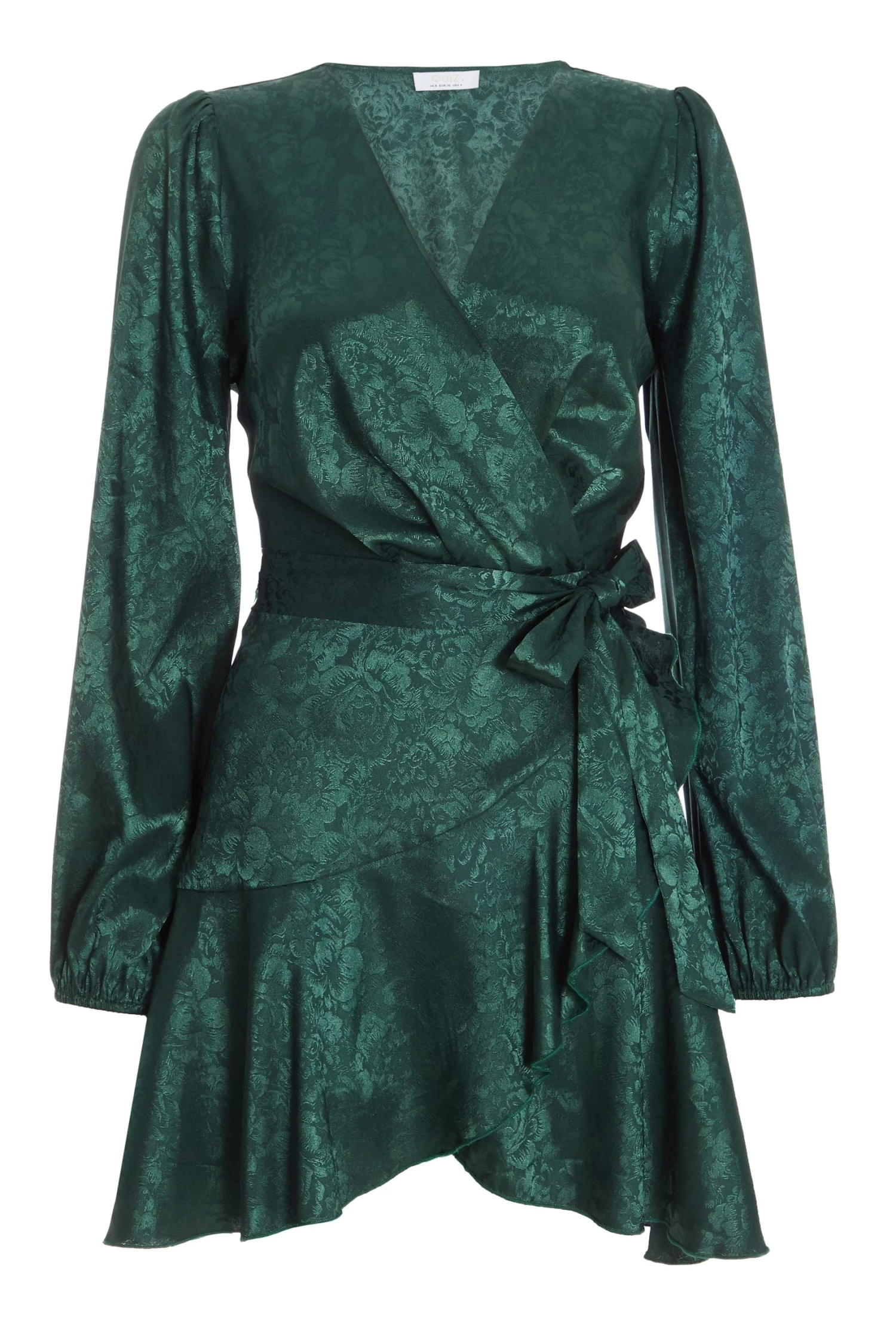 Bottle Green Satin Jacquard Floral Mini Dress