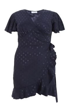 Curve Navy Satin Polka Dot Wrap Dress
