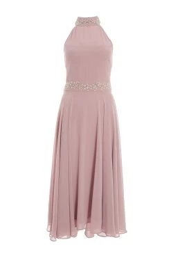 Pink Embellished Chiffon High Neck Midaxi Dress