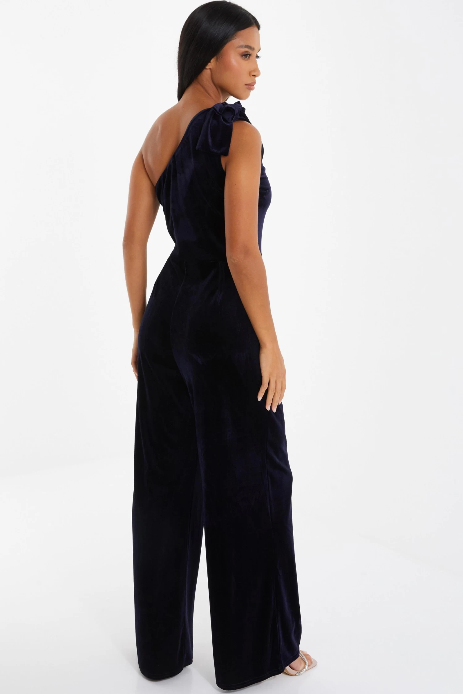 Petite Navy Velvet Bow Palazzo Jumpsuit - Image 3
