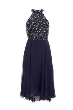 Petite Navy Sequin Chiffon Halter Neck Midi Dress