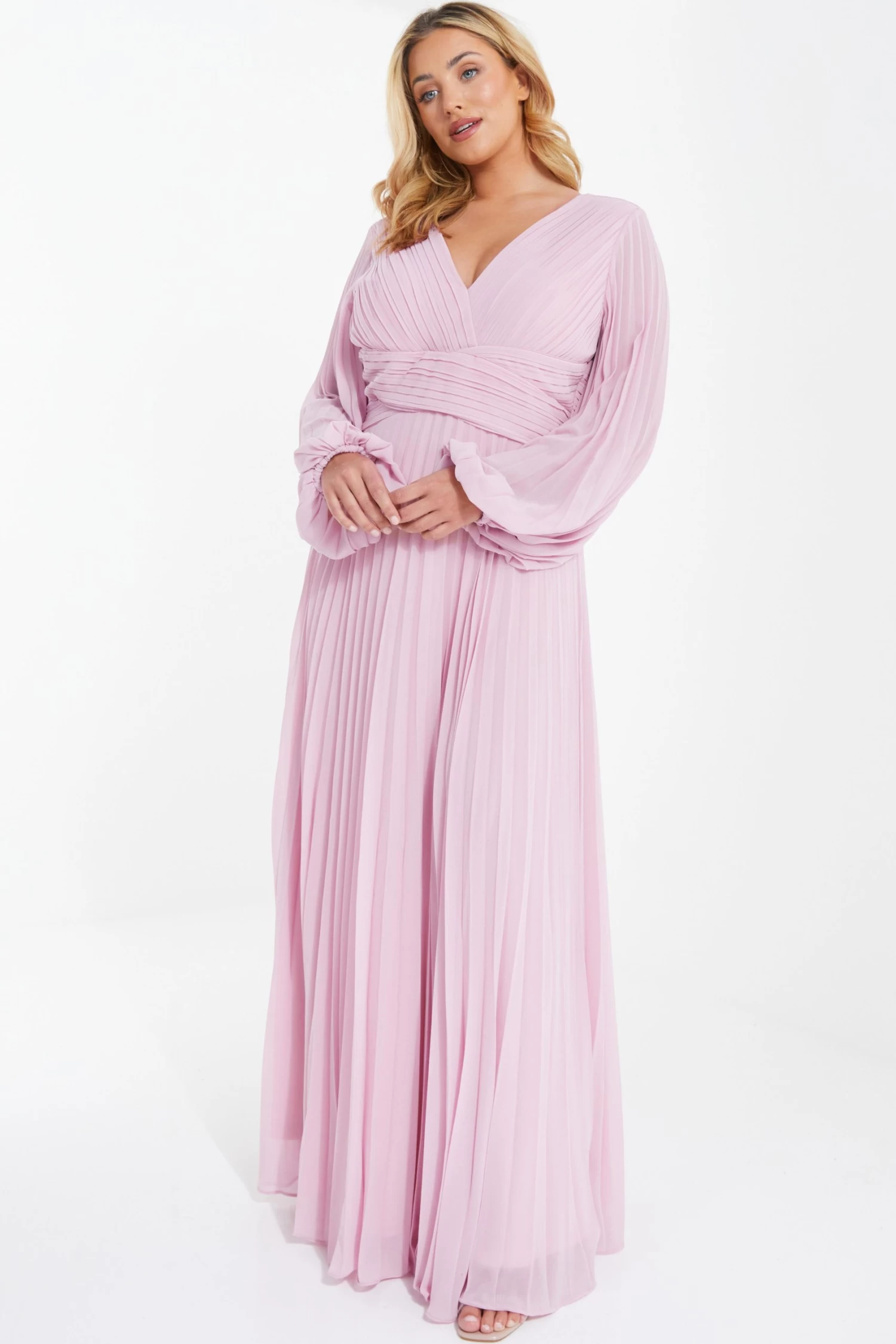 Curve Pink Pleated Chiffon Maxi Dress - Image 3