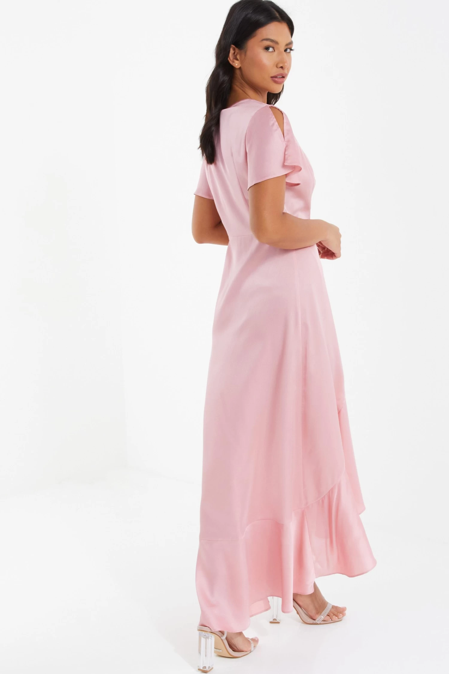 Pink Satin Wrap Maxi Dress - Image 3