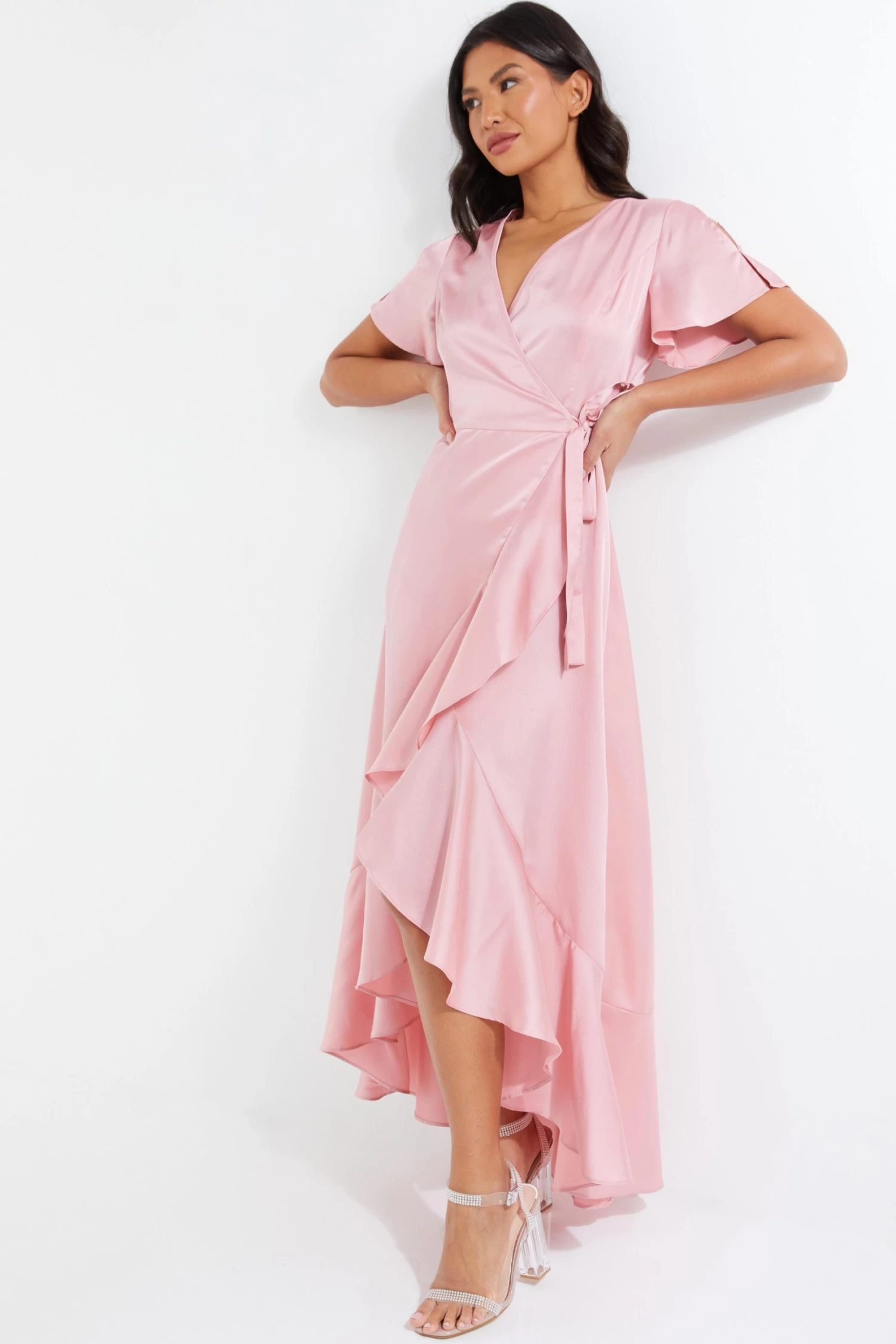 Pink Satin Wrap Maxi Dress - Image 2