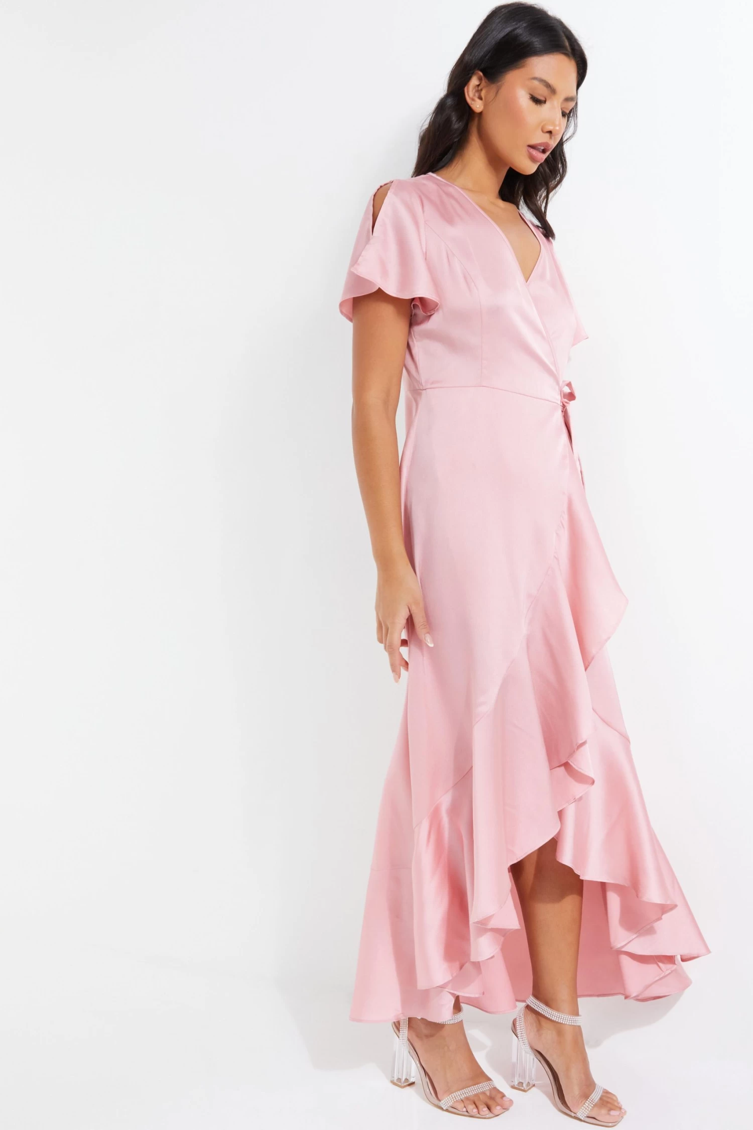 Pink Satin Wrap Maxi Dress - Image 4