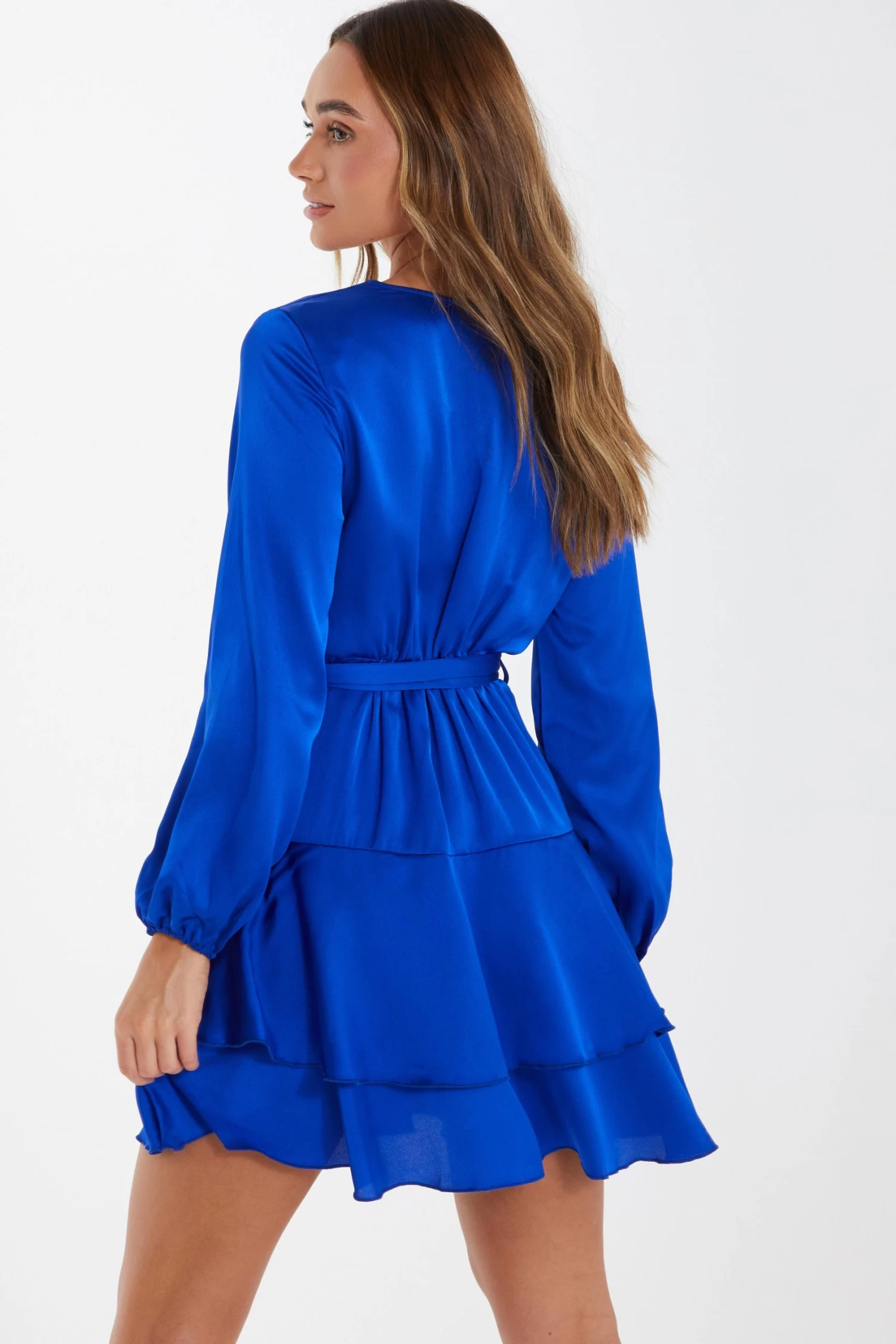 Blue Satin Wrap Mini Skater Dress - Image 3