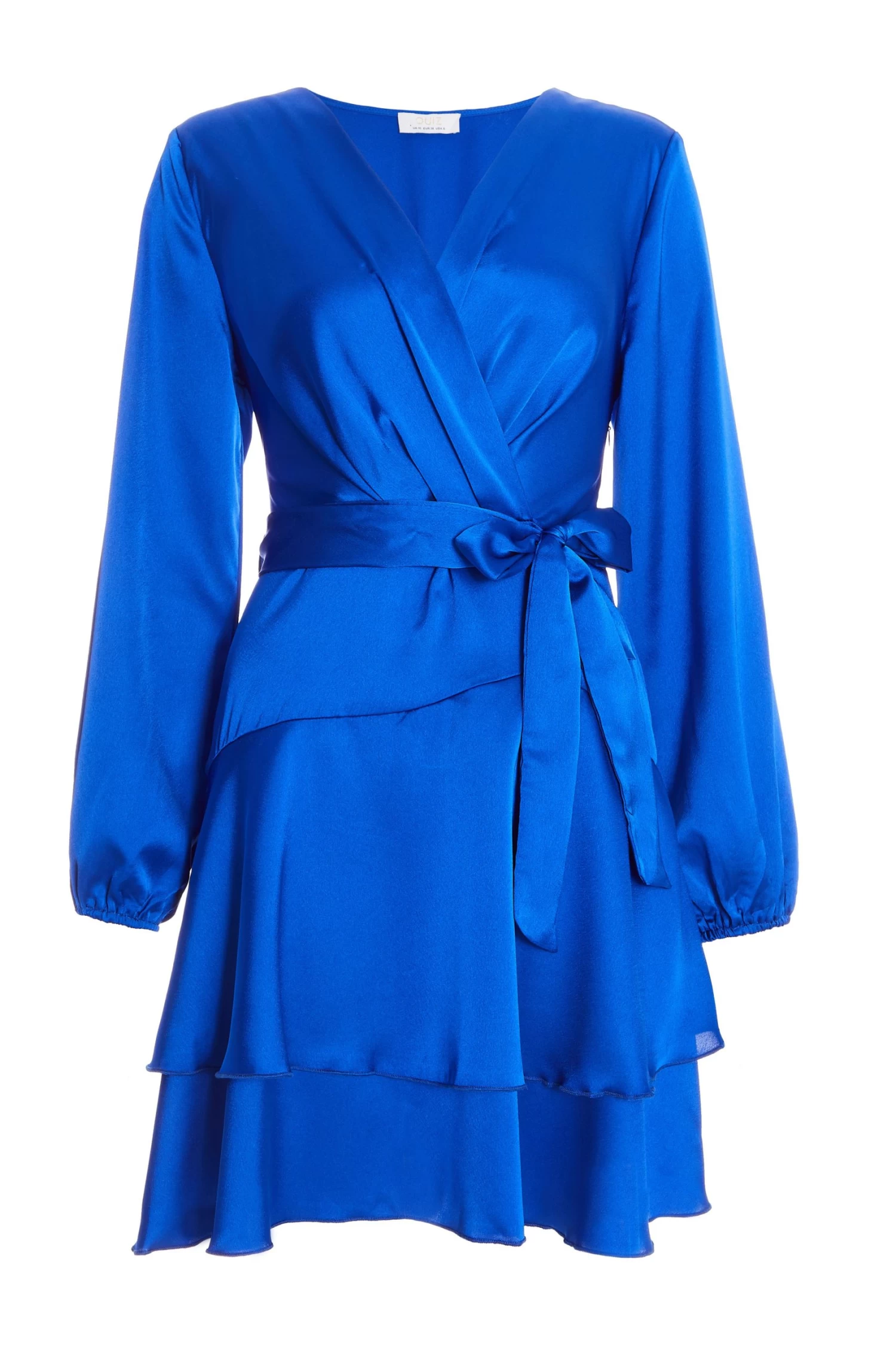 Blue Satin Wrap Mini Skater Dress