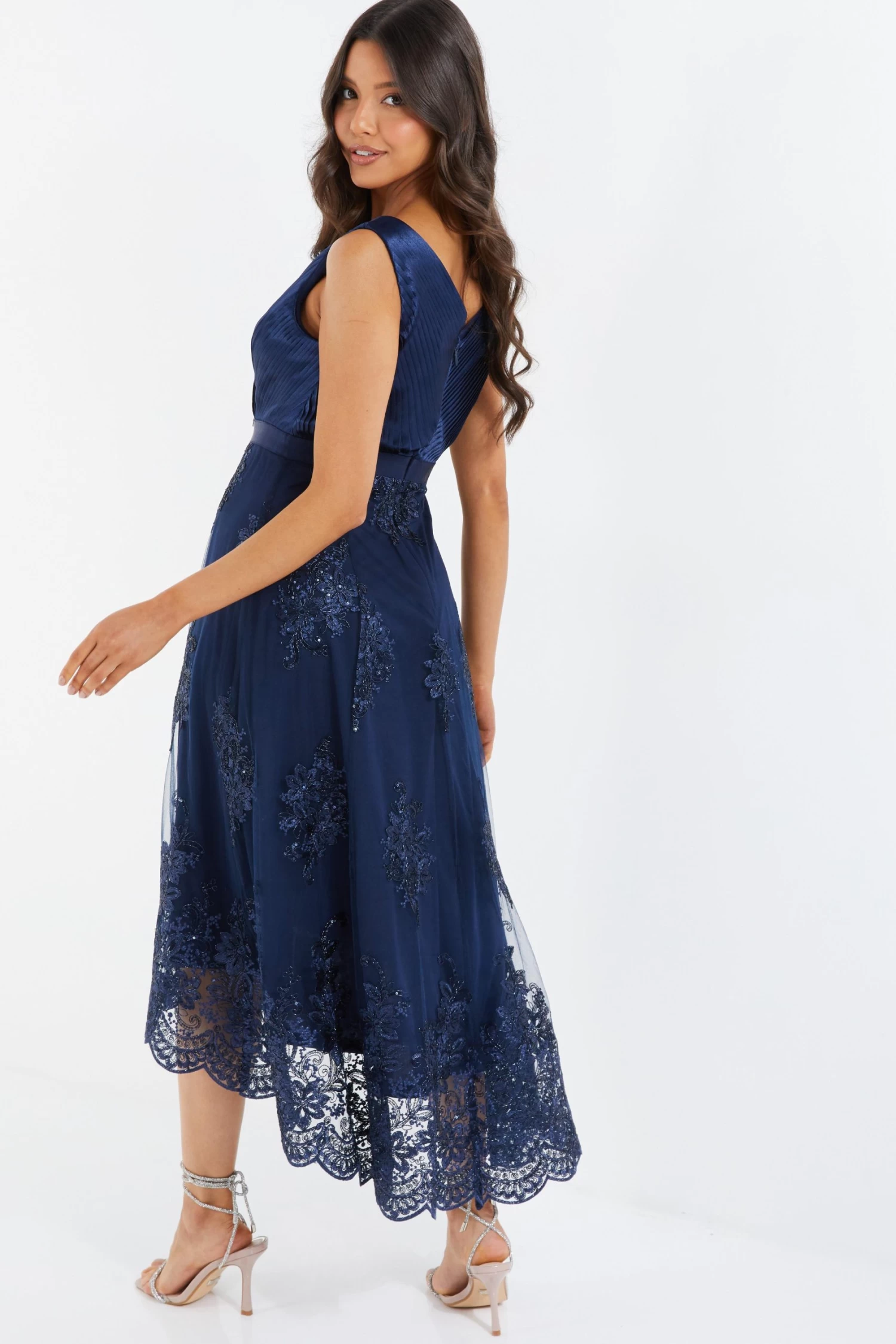 Navy Embroidered Dip Hem Dress - Image 3