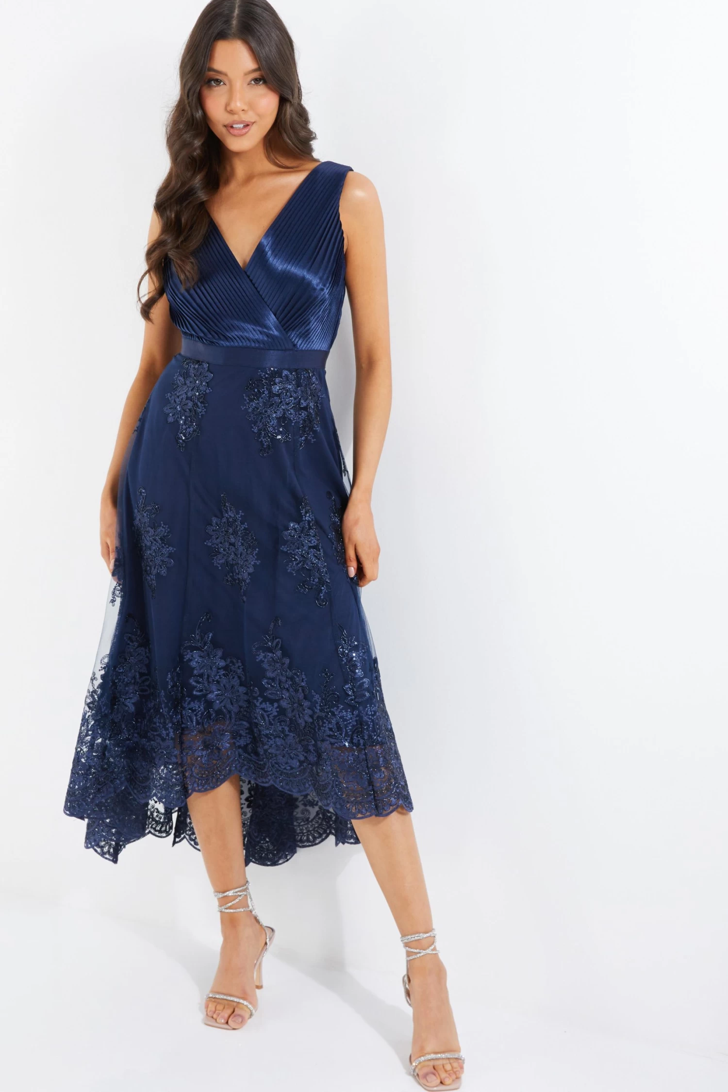 Navy Embroidered Dip Hem Dress - Image 2