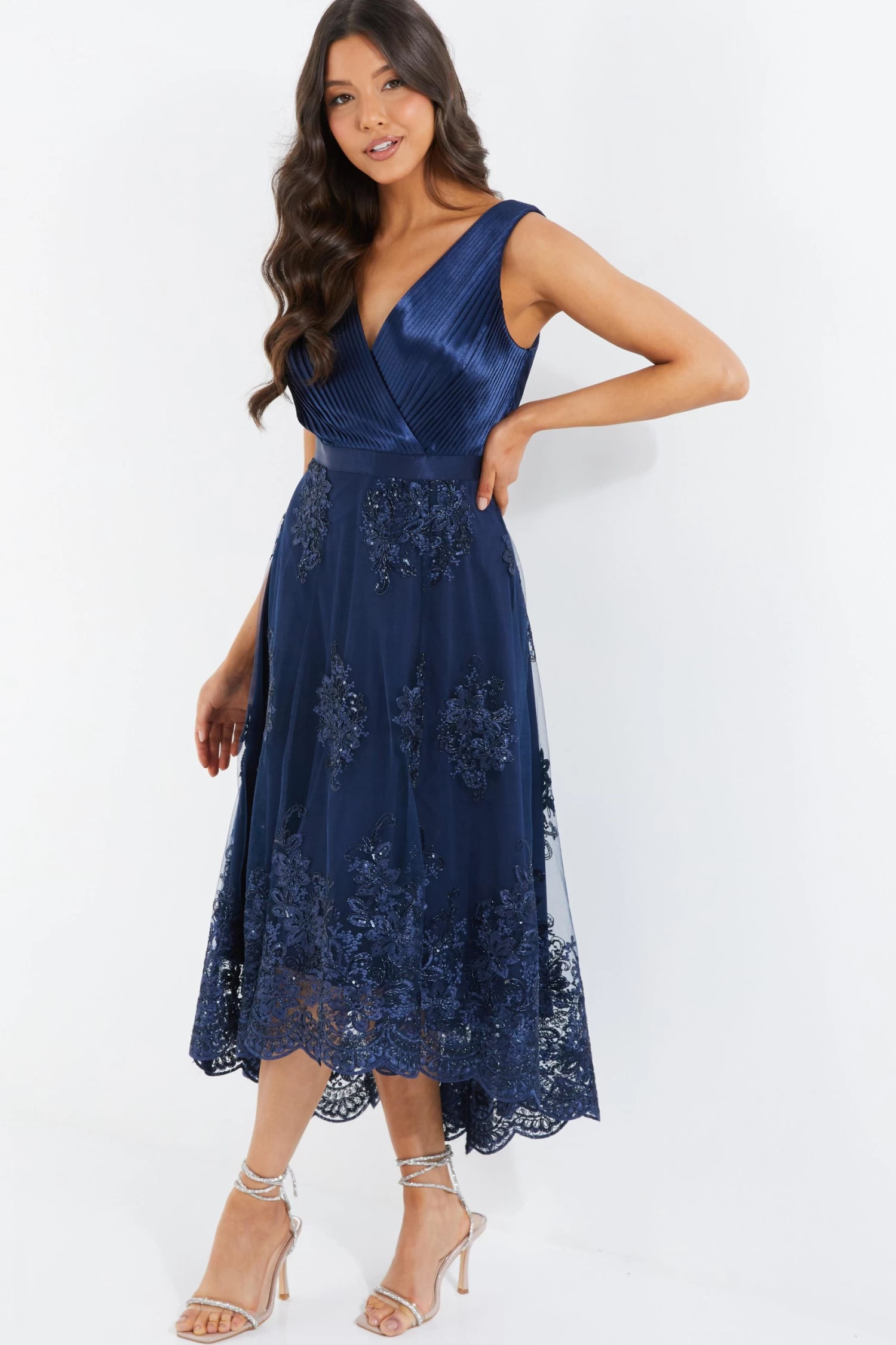 Navy Embroidered Dip Hem Dress - Image 4