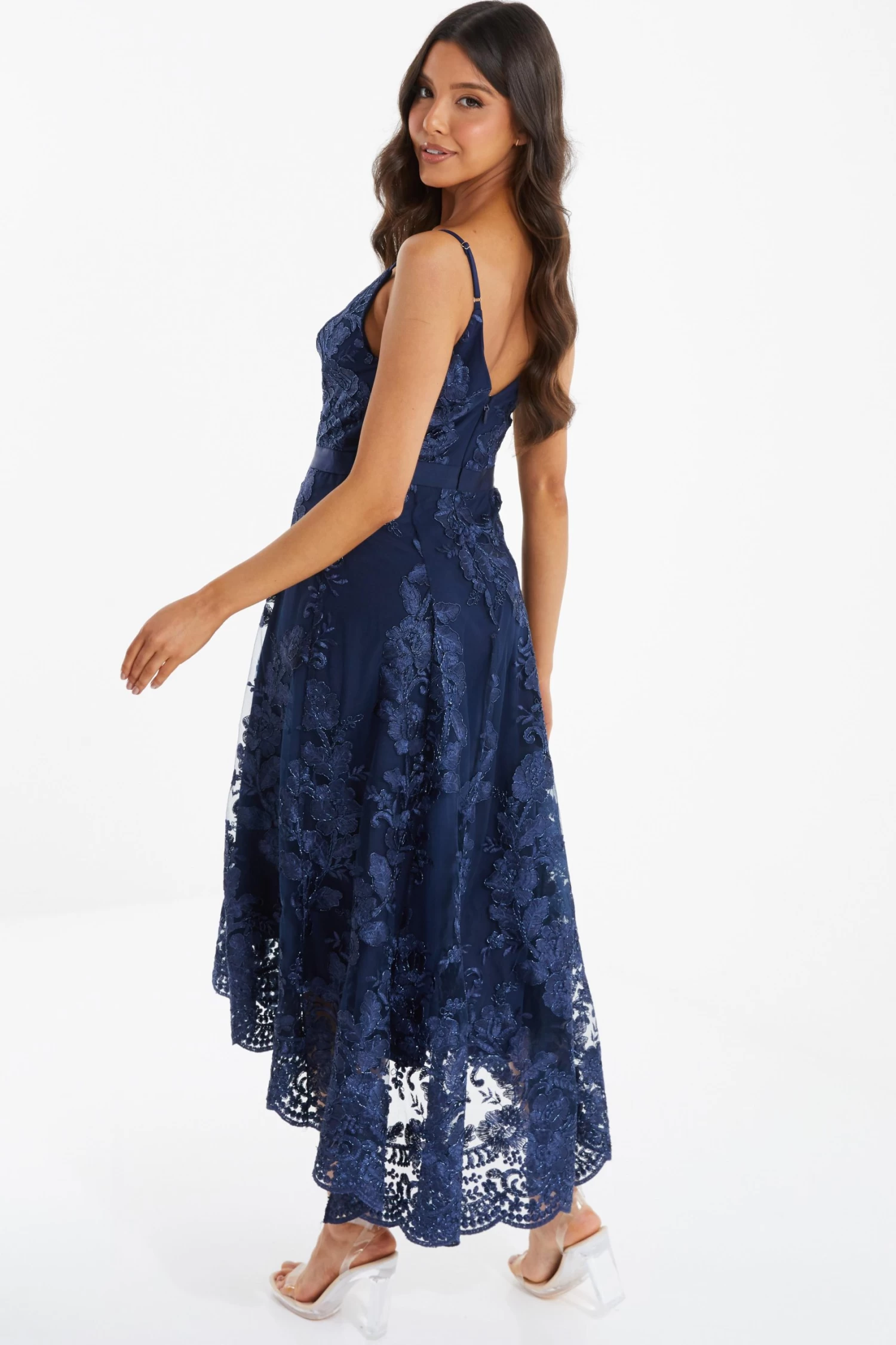 Navy Lace Dip Hem Strappy Midi Dress - Image 3