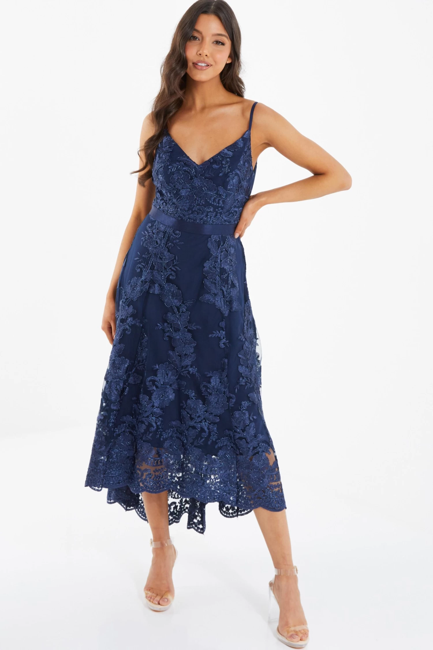 Navy Lace Dip Hem Strappy Midi Dress - Image 2
