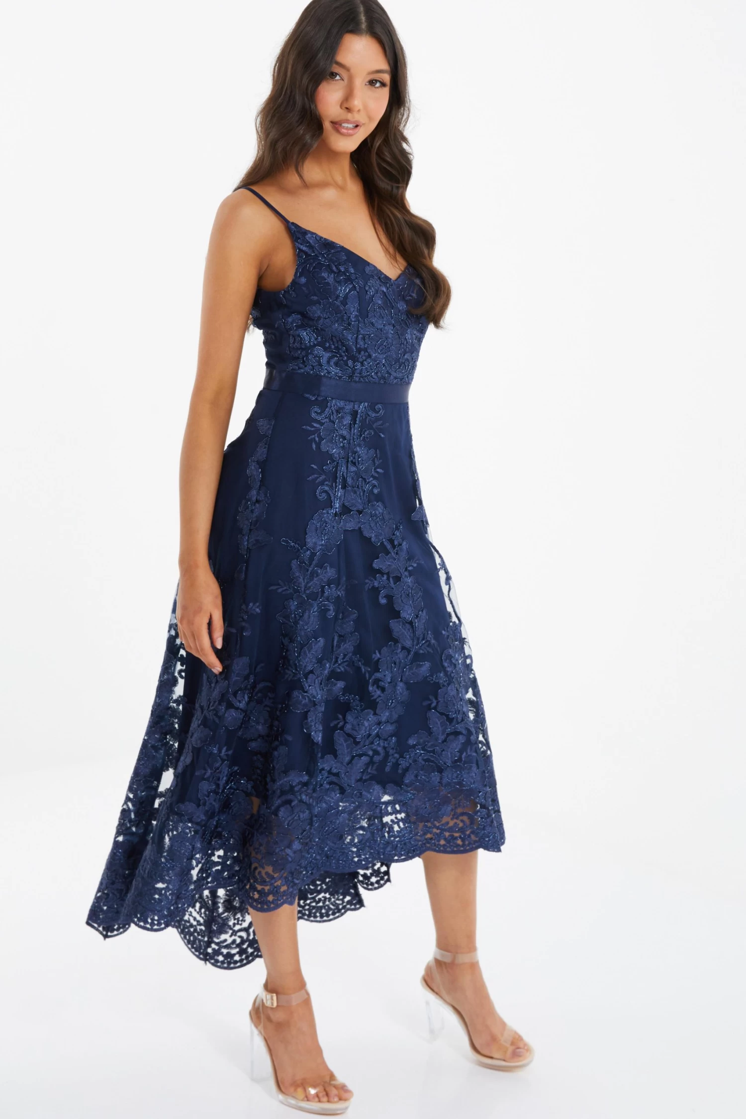 Navy Lace Dip Hem Strappy Midi Dress - Image 4