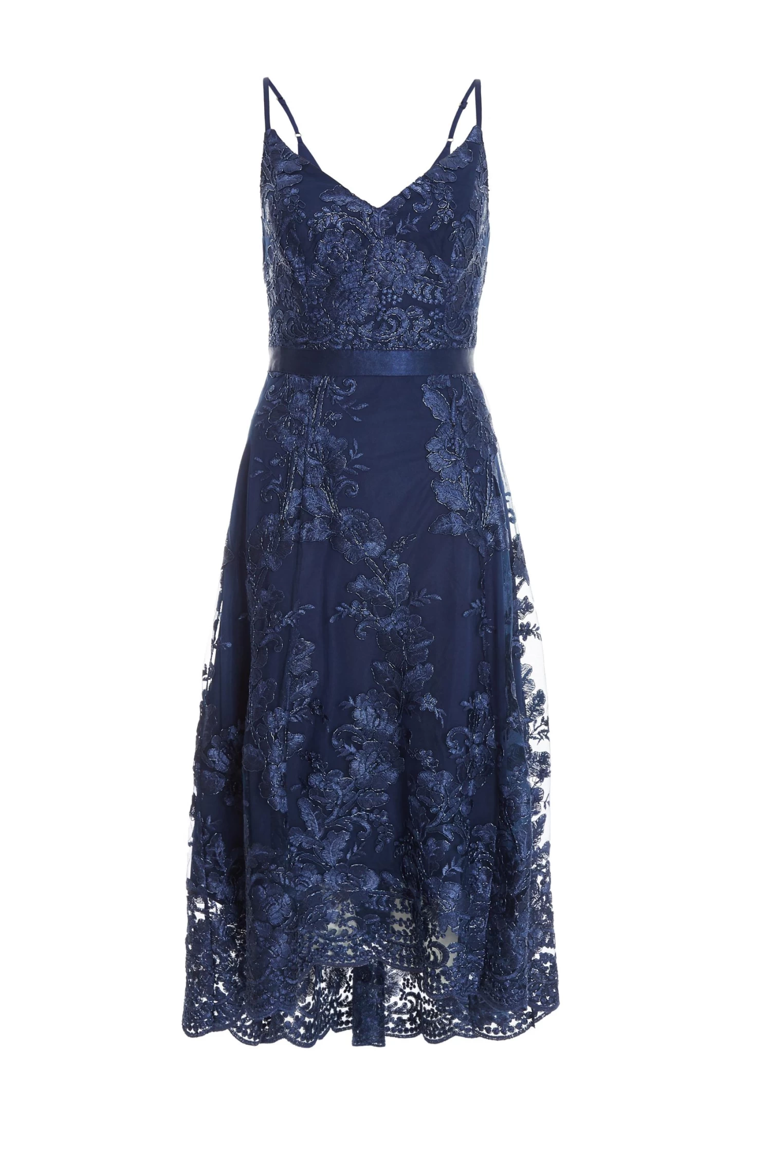 Navy Lace Dip Hem Strappy Midi Dress