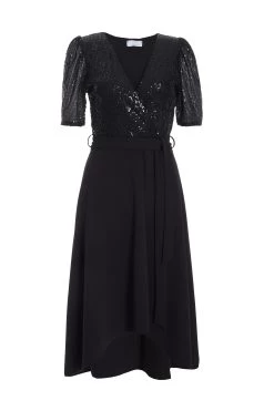 Black Sequin Wrap Dip Hem Midi Dress