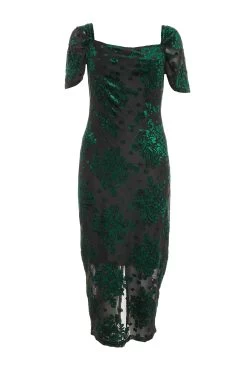 Bottle Green Velvet Floral Midi Dress