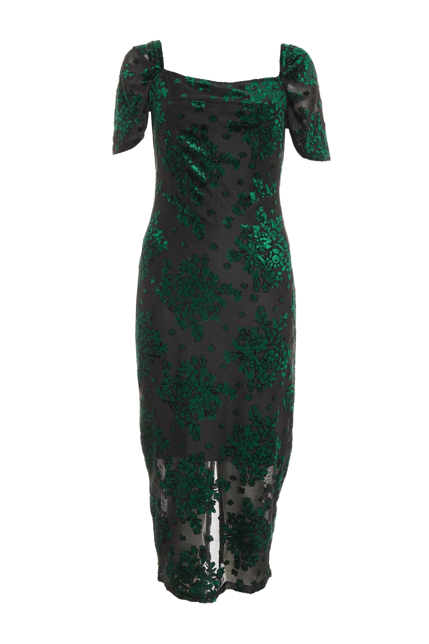 Bottle Green Velvet Floral Midi Dress