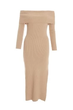 Camel Ribbed Knit Bodycon Midi Dress