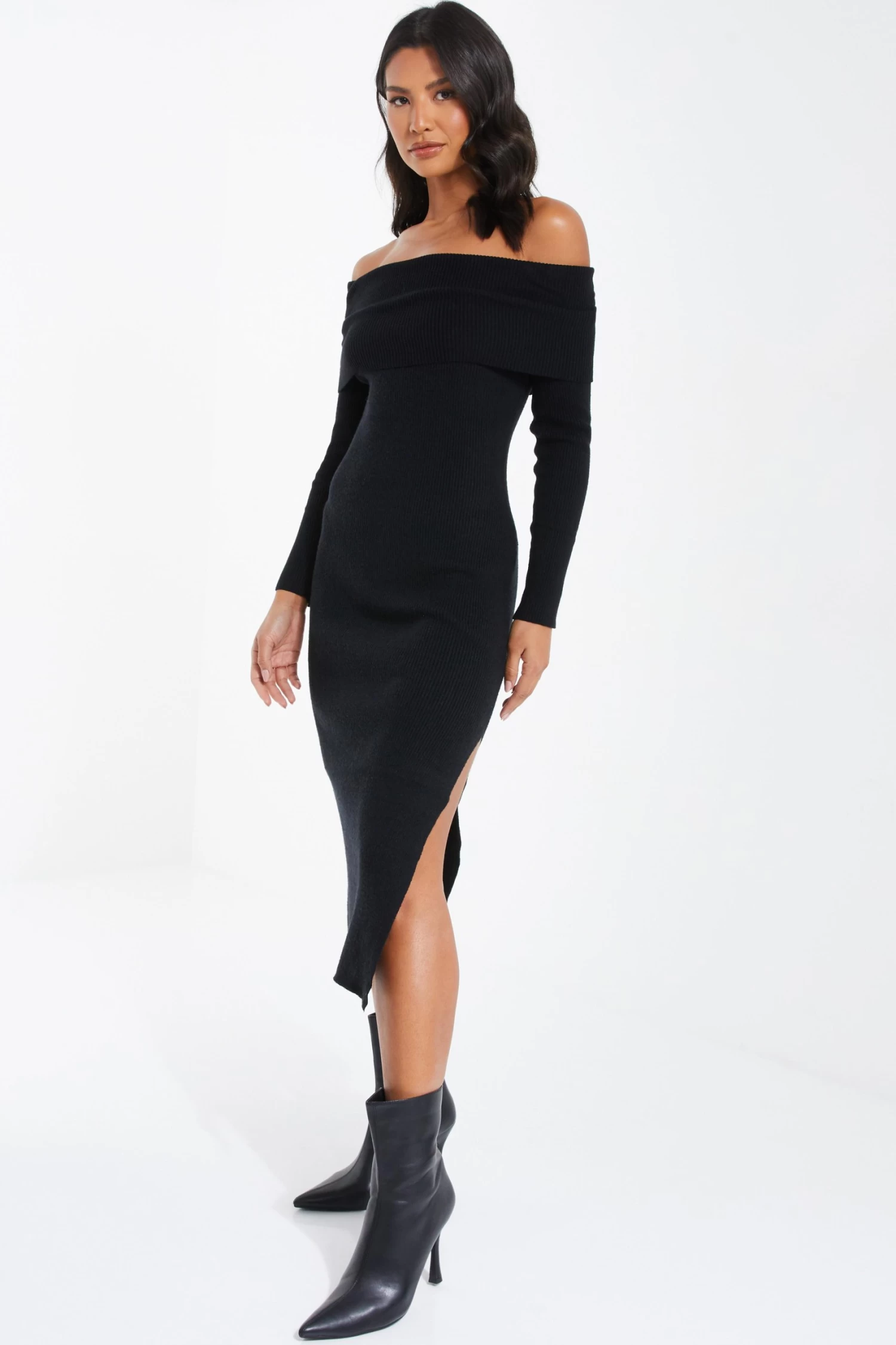 Black Ribbed Knit Bodycon Midi Dress - Image 4