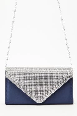 Navy Satin Diamante Clutch Bag