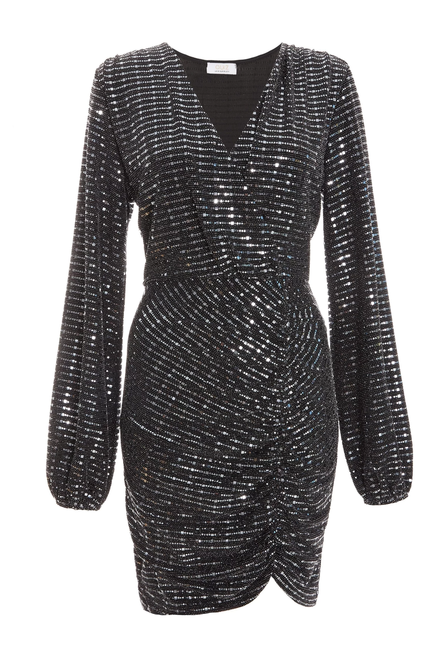 Black Sequin Ruched Bodycon Mini Dress