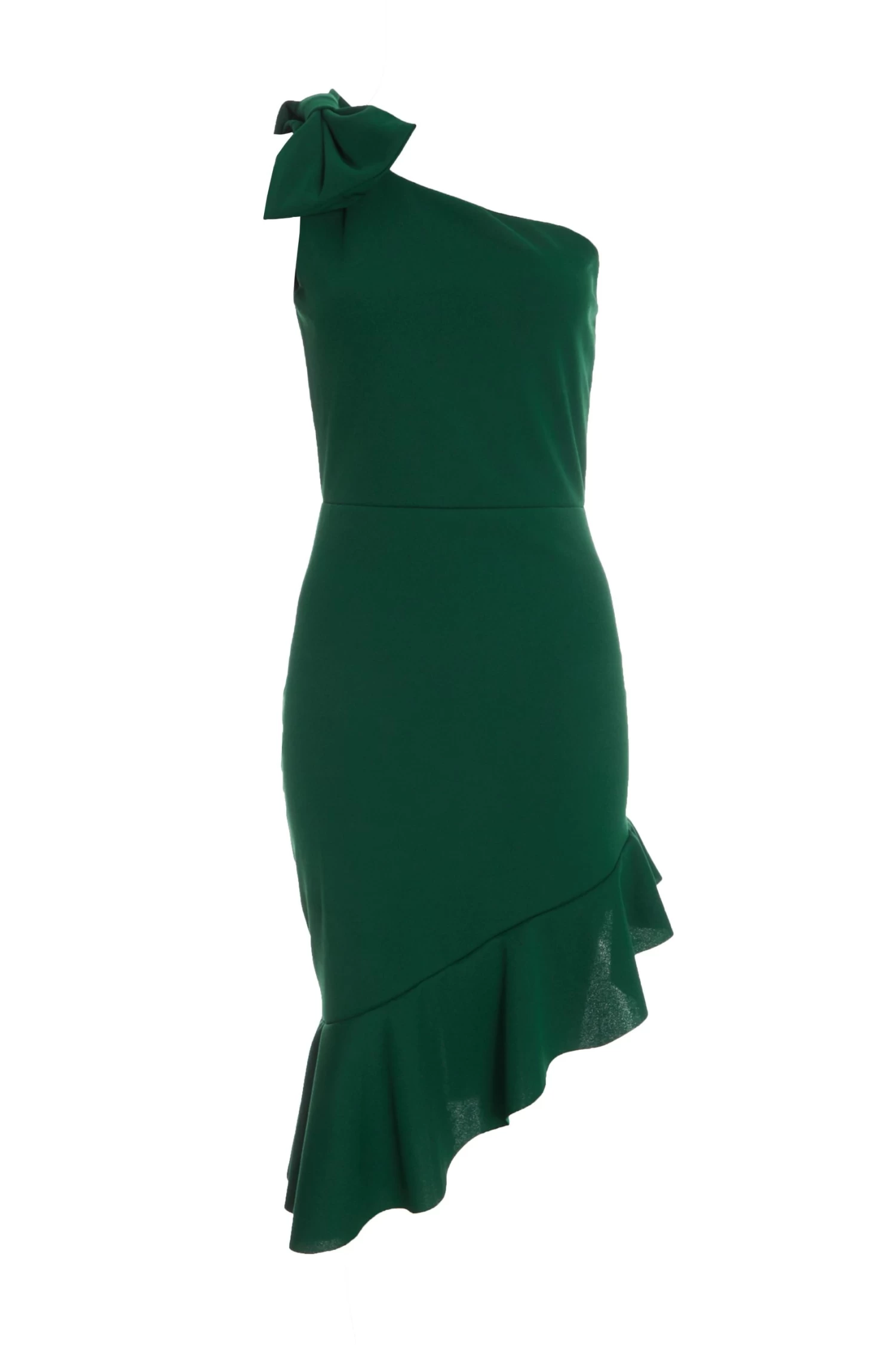 Bottle Green One Shoulder Bow Midi Dress